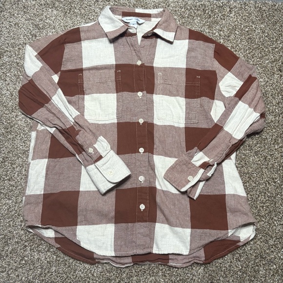 Old Navy Tops - Old Navy Women’s XS Boyfriend Shirt Brown and White Plaid Flannel